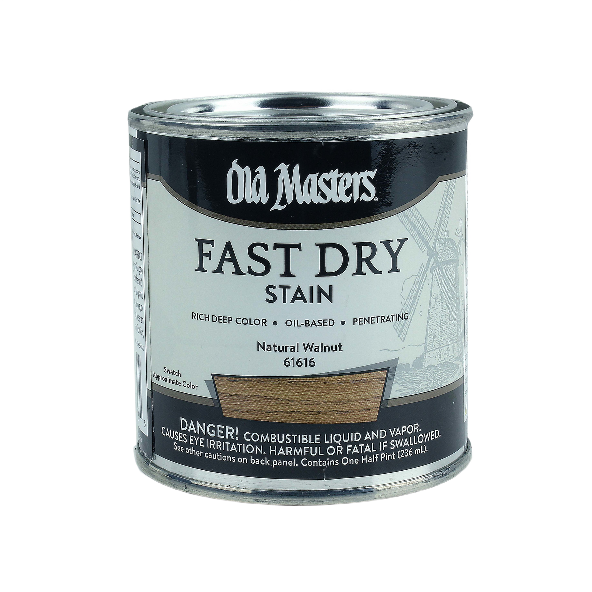 Quart can of Old Masters oil-based fast dry natural walnut stain for interior wood finishing and home improvement projects