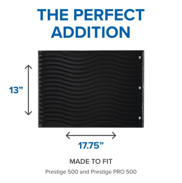 Black reversible cast iron griddle with wavy ridges, sized to fit Prestige 500 and PRO 500 grills, ideal for outdoor living and grilling.