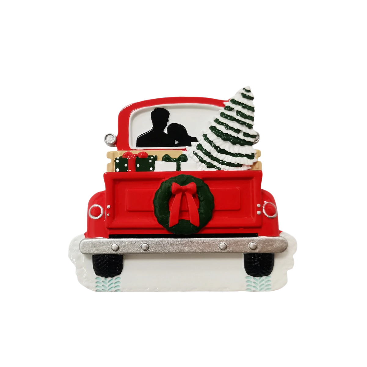 Red truck ornament with couple silhouette, decorated with Christmas wreath, tree, and wrapped gifts in holiday collection