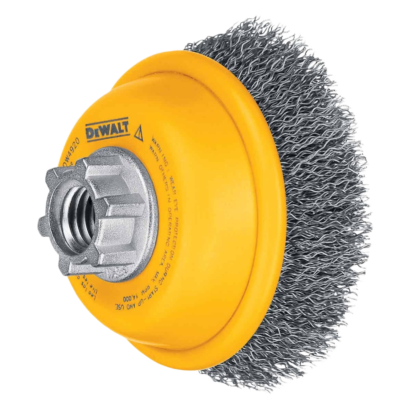 Yellow carbon steel crimp wire cup brush for power tool accessories in woodworking and home improvement tasks