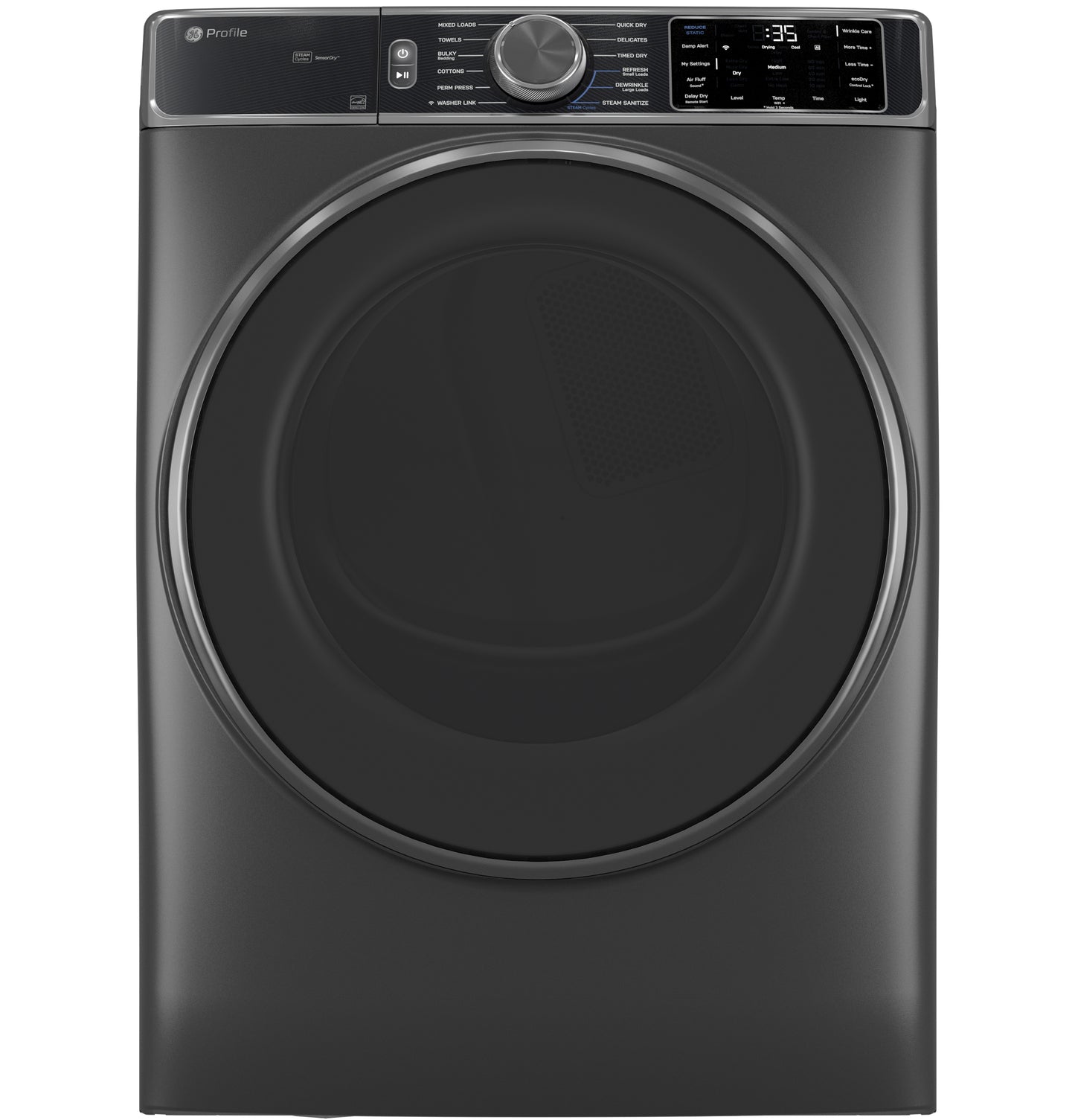 Sleek dark gray smart front load gas dryer with large circular door and digital control panel in dryers and appliances collection
