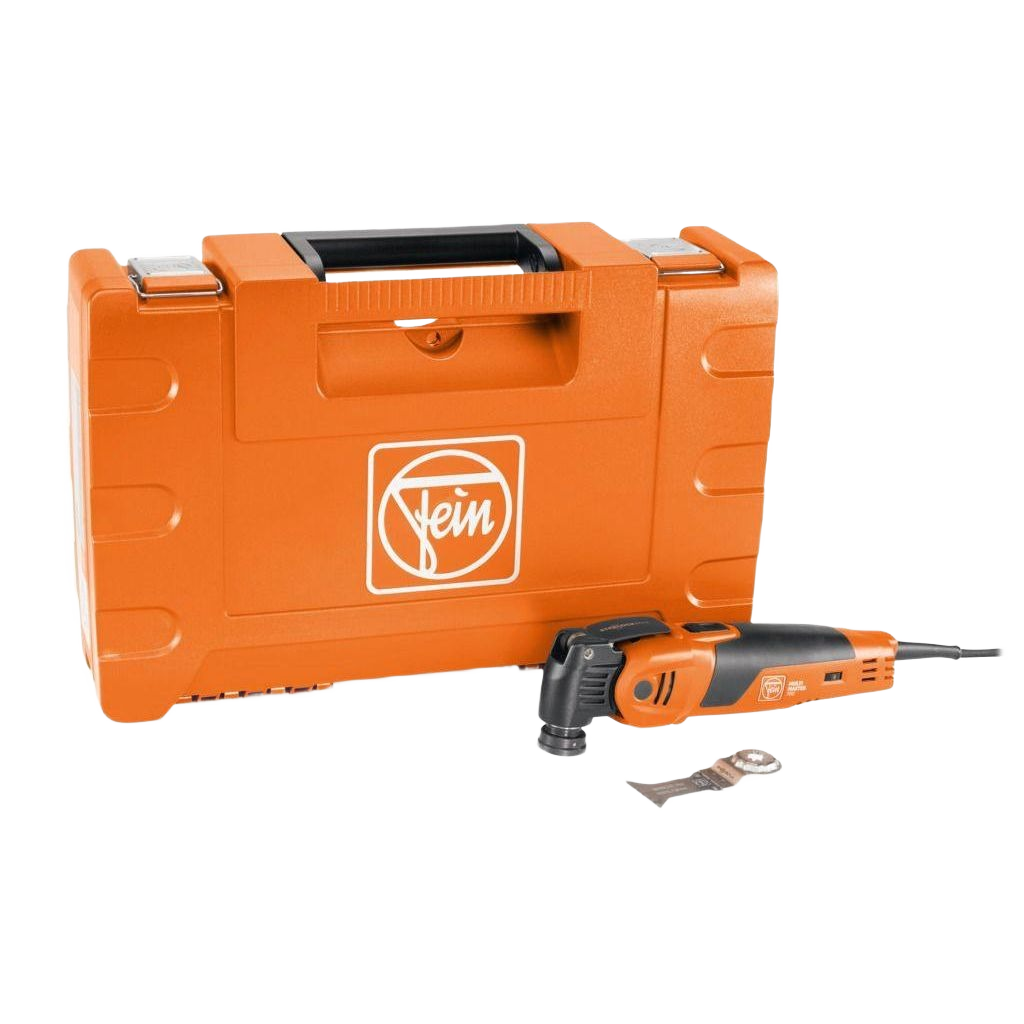 Orange and black oscillating multitool with blade and sturdy orange carrying case for versatile home improvement tasks