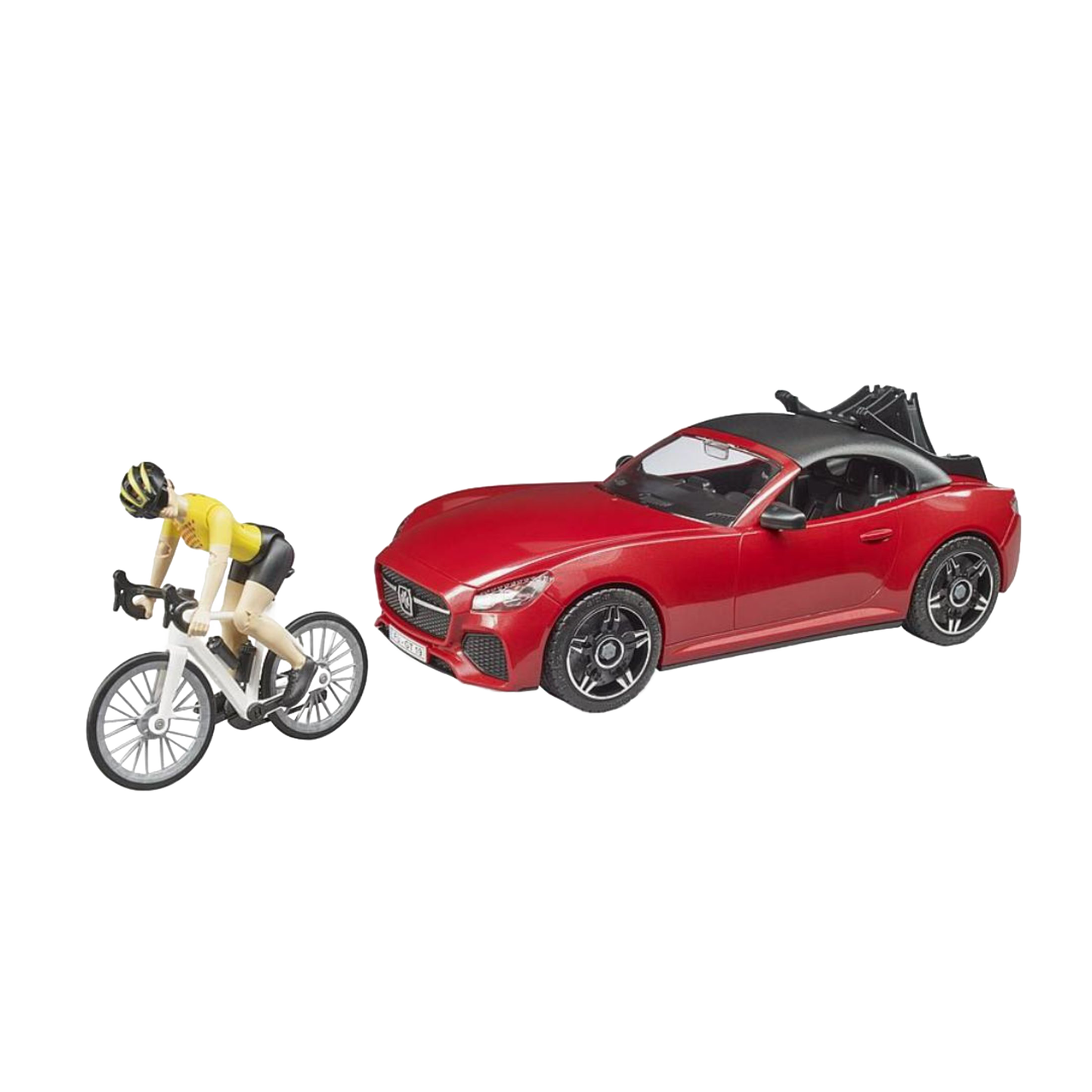 Red toy roadster car with black roof alongside a cyclist figure on white racing bicycle for Bruder Toys collection