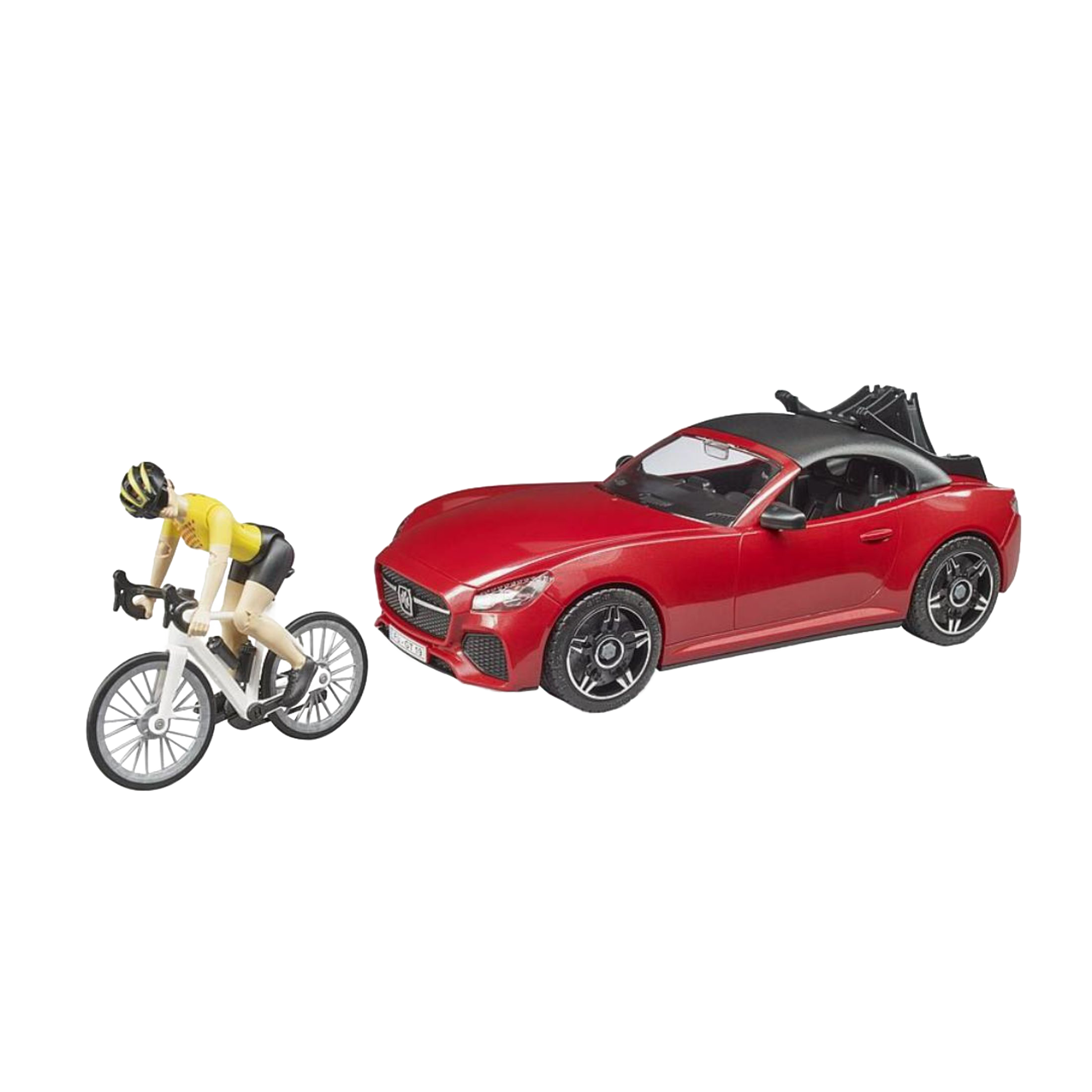 Red toy roadster car with black roof alongside a cyclist figure on white racing bicycle for Bruder Toys collection