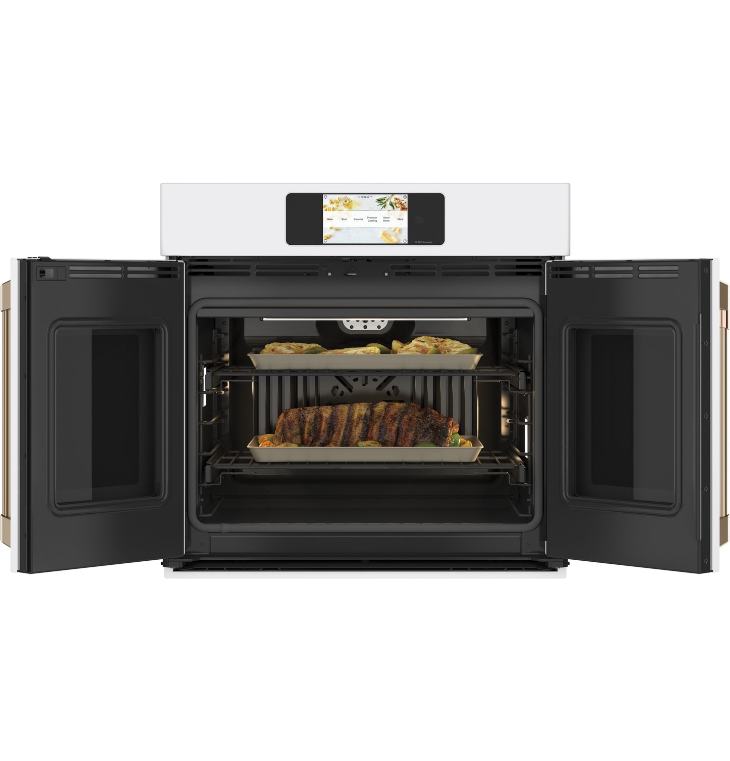 Built-in smart convection wall oven with French doors, touchscreen, and multiple trays with roasted dishes inside from Wall Ovens collection