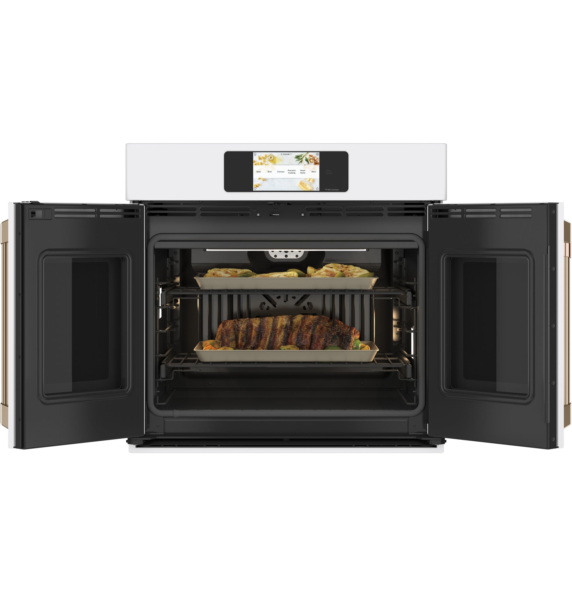 Built-in smart convection wall oven with French doors, touchscreen, and multiple trays with roasted dishes inside from Wall Ovens collection