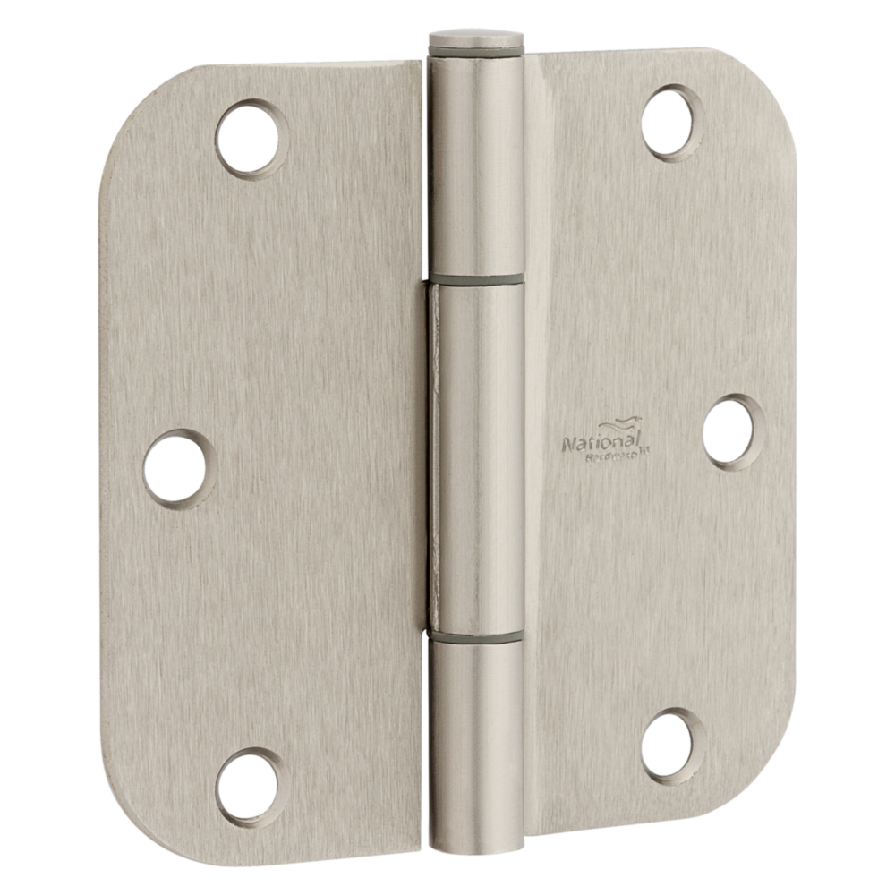 Satin nickel hinge with 5/8" radius and multiple mounting holes for smooth, silent door operation in home improvement projects