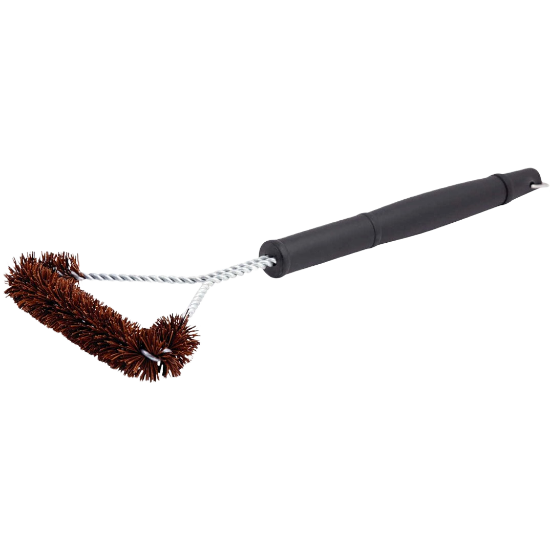 Extra wide grill brush with stiff natural bristles and foam handle for cleaning grills in outdoor living and grilling accessories