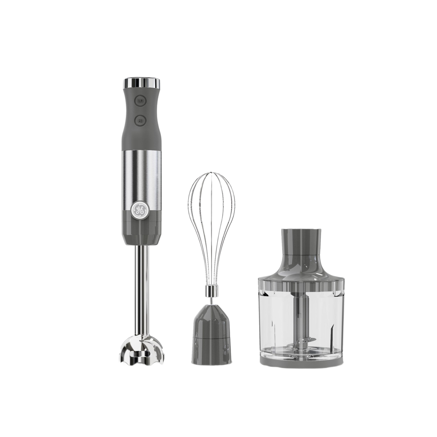 Stainless steel immersion blender with ergonomic grip includes whisk and clear plastic chopper for versatile kitchen tasks