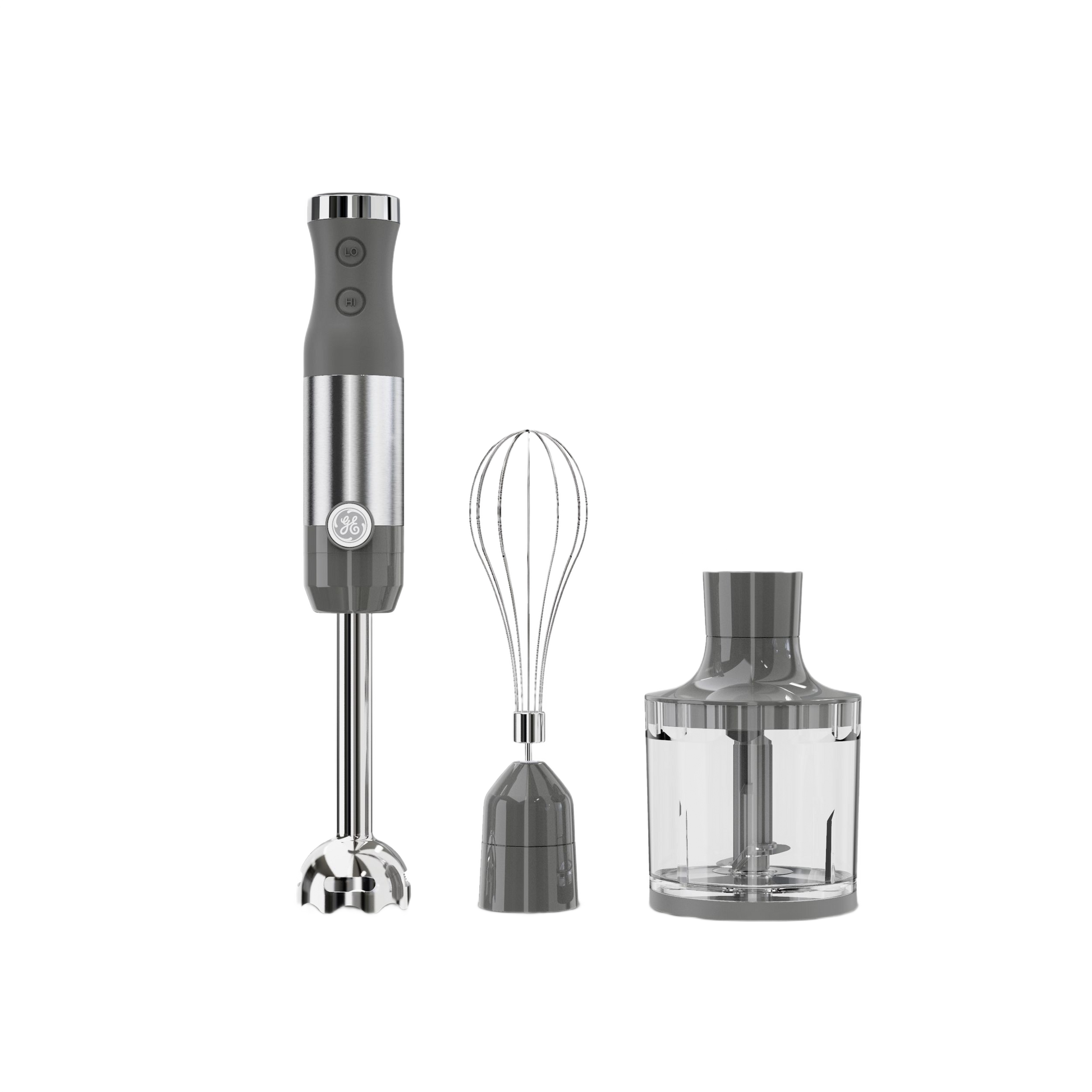 Stainless steel immersion blender with ergonomic grip includes whisk and clear plastic chopper for versatile kitchen tasks