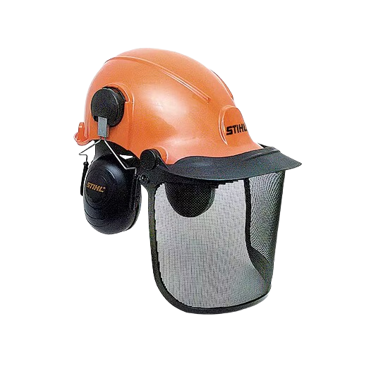Orange forestry helmet system with black ear protection and mesh face shield for tools and home improvement safety
