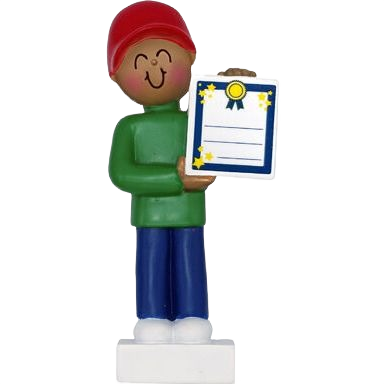African American boy figurine in red cap holding award certificate for Christmas Ornaments & Tree Decorations collection