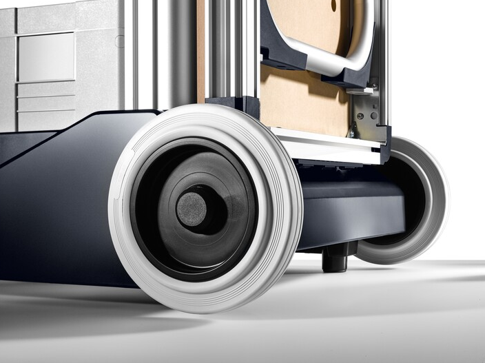 Close-up of durable wheels on a mobile workshop cart designed for woodworking tools and site mobility.