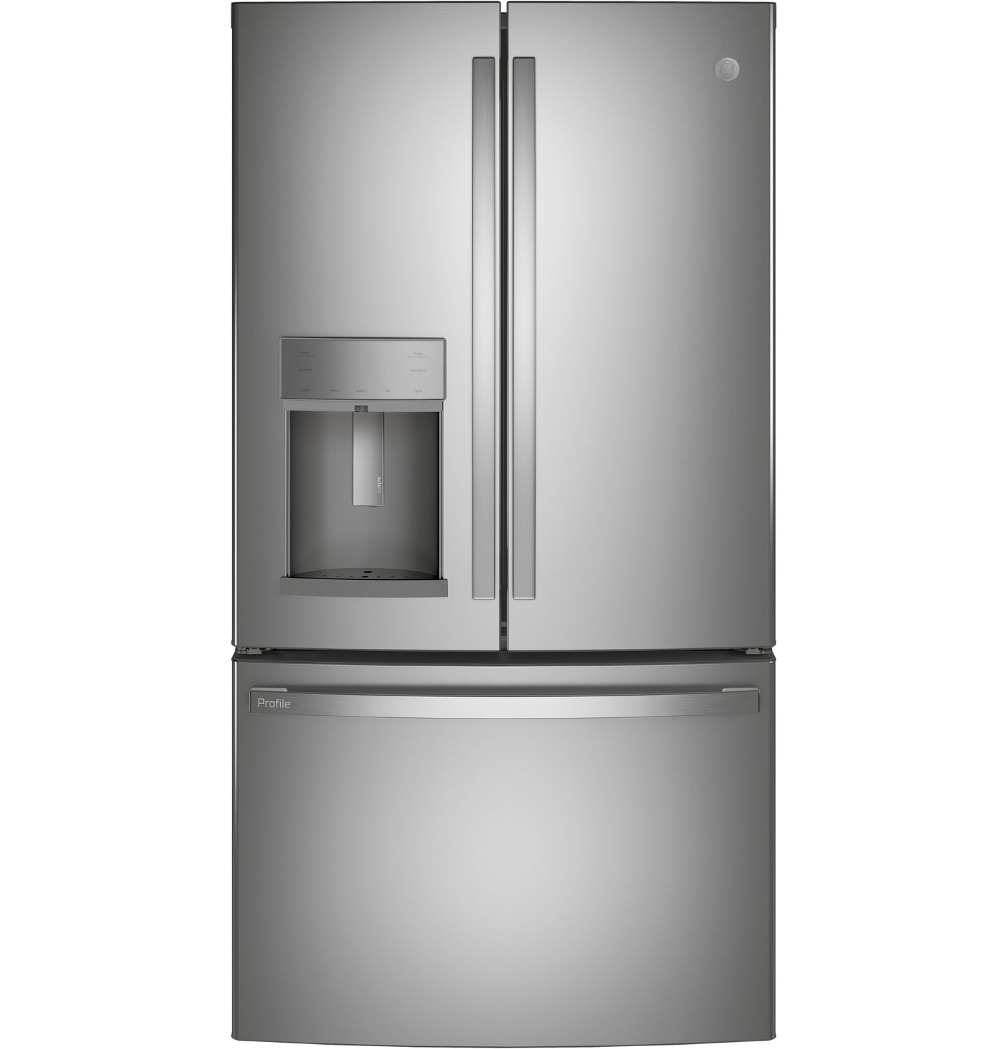 Stainless steel French-door refrigerator with bottom freezer and external water dispenser from refrigerators collection