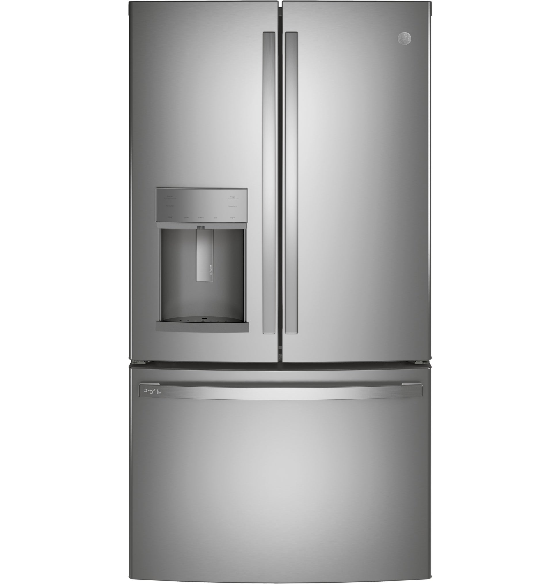 Stainless steel French-door refrigerator with bottom freezer and external water dispenser from refrigerators collection