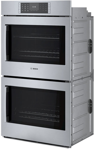 Stainless steel double wall oven with digital touch controls and dual oven cavities in Bosch kitchen appliances collection