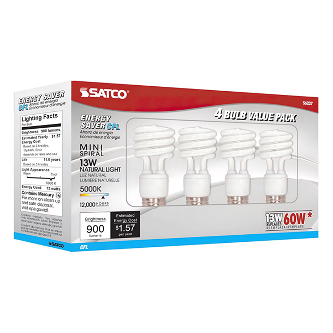 4-pack of energy-saving mini spiral compact fluorescent bulbs with 13 watts, natural light, and long lifespan for home improvement.