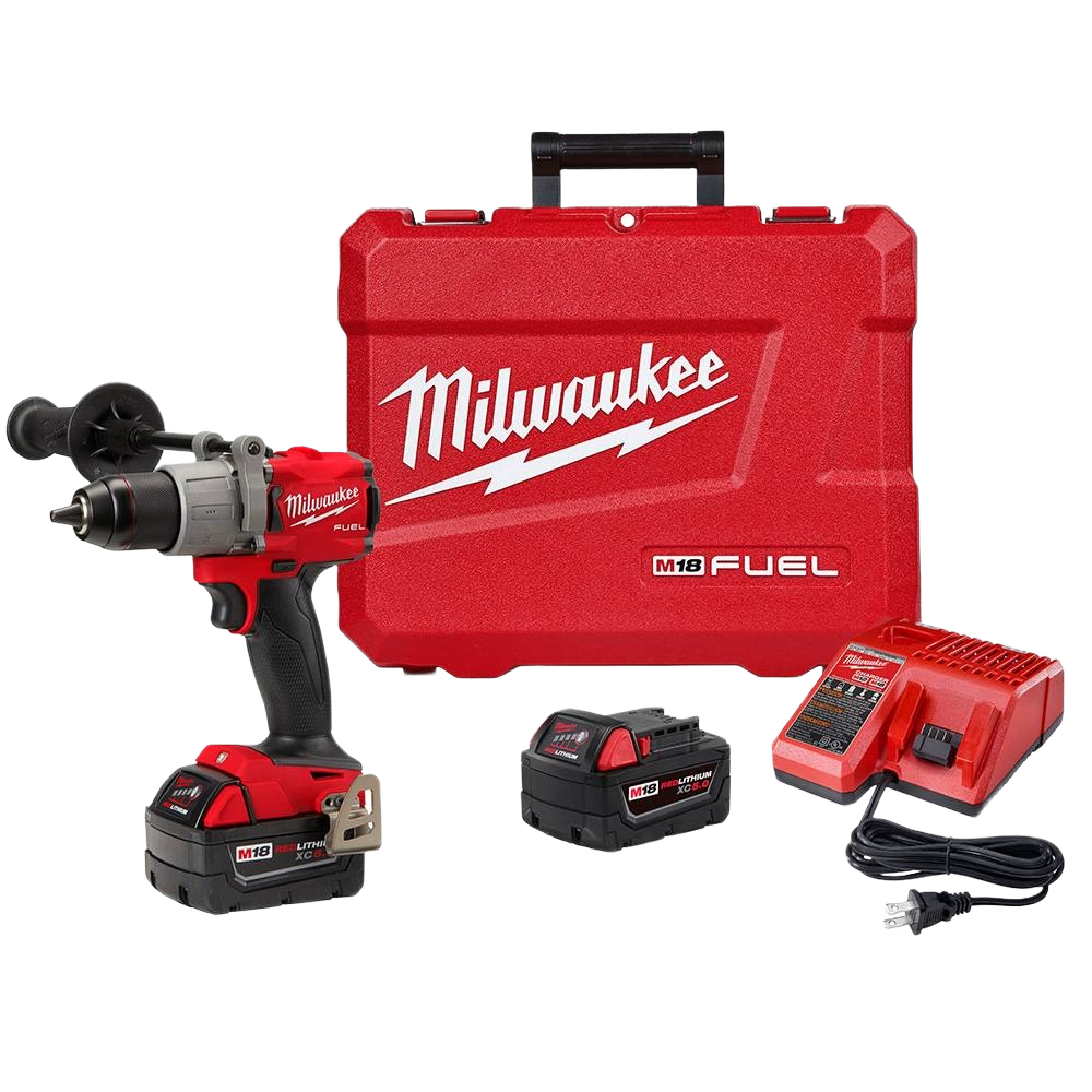 Red and black cordless drill kit with rechargeable batteries, charger, and hard carrying case for tools and home improvement tasks