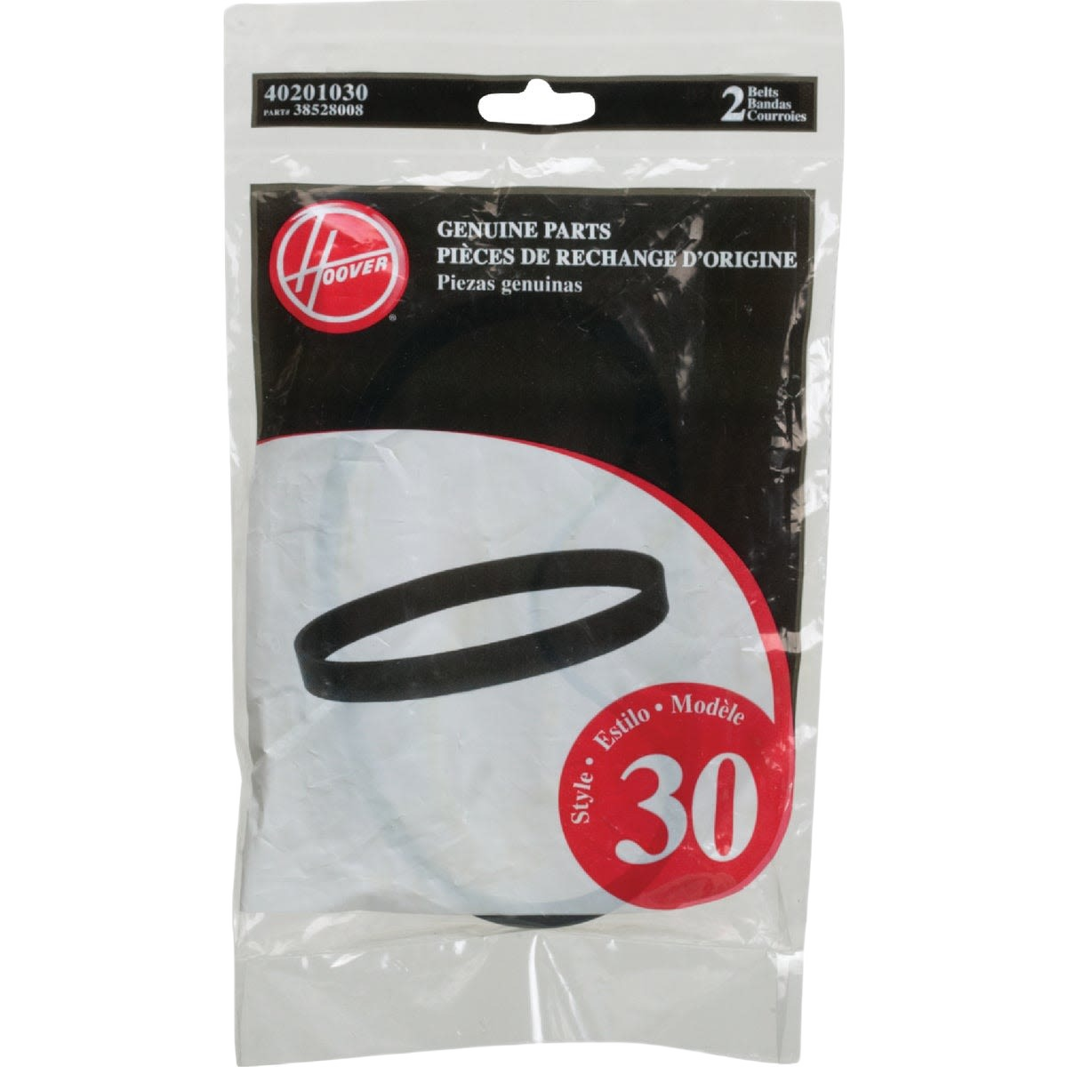 Clear plastic package containing two black vacuum cleaner belts for replacement use in home improvement tasks