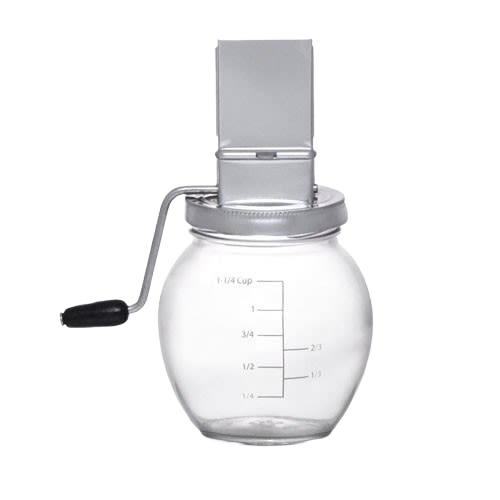 Glass nut grinder with metal crank handle and measurement markings for vintage-style home kitchen use