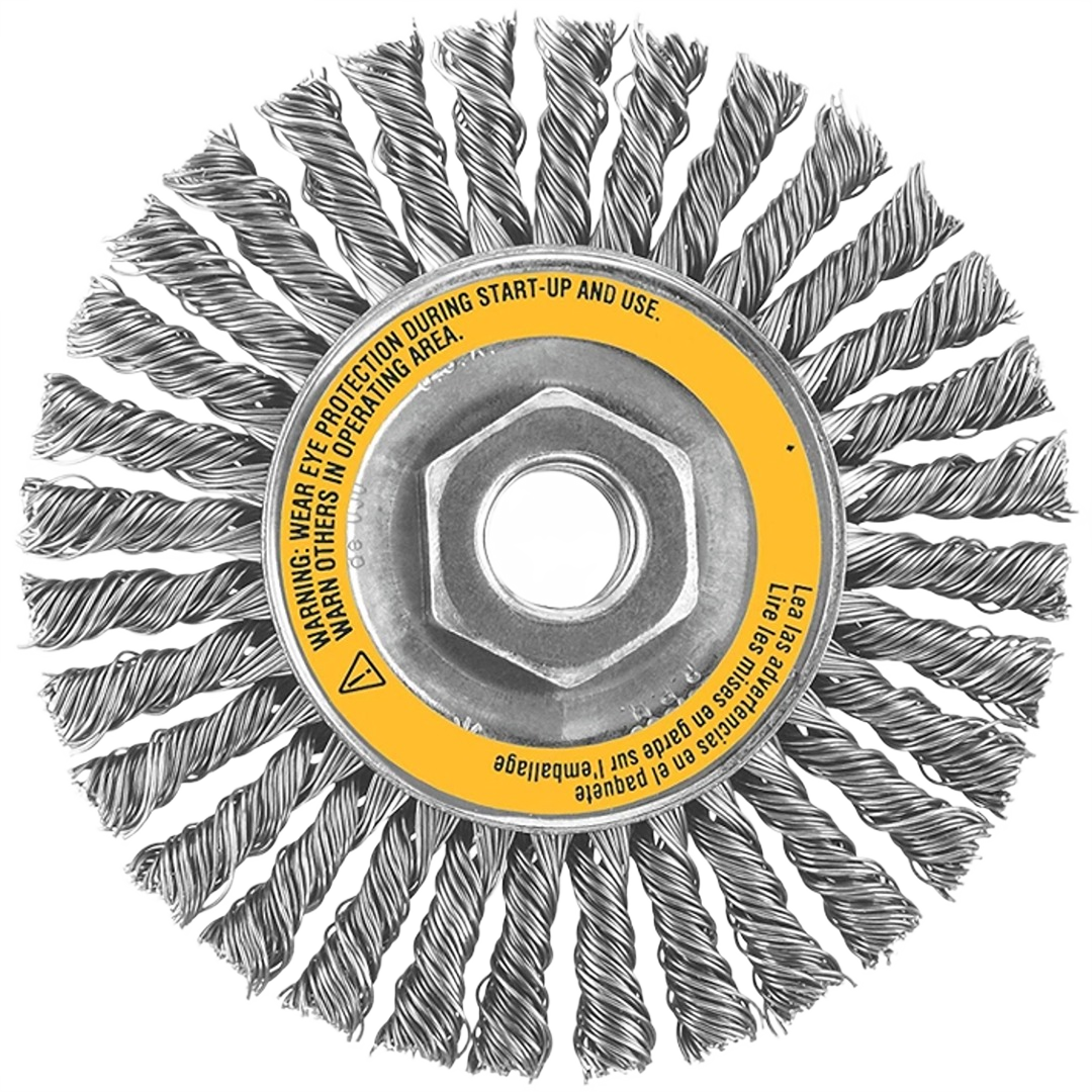 Circular twisted wire wheel brush with steel center for power tools in home improvement and metal cleaning tasks