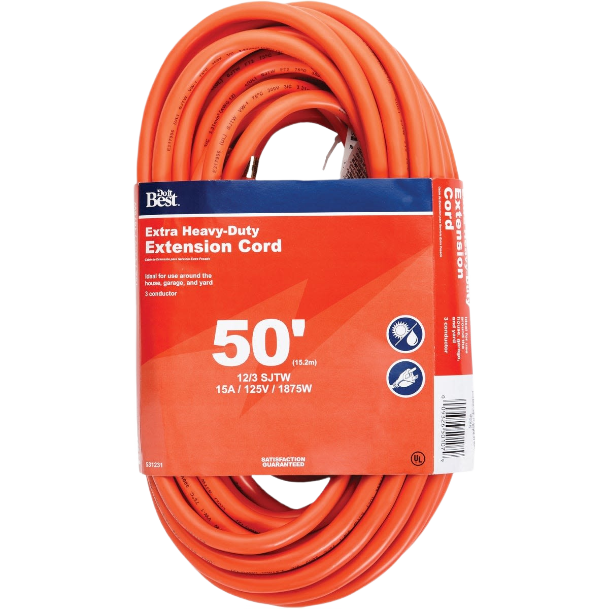 Coiled bright orange heavy-duty outdoor extension cord with 50-foot length label for home improvement use
