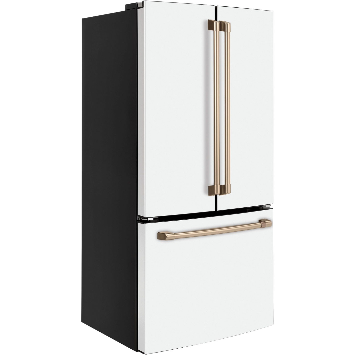 Counter-depth French door refrigerator with white finish, bronze handles, and bottom freezer in kitchen appliances collection