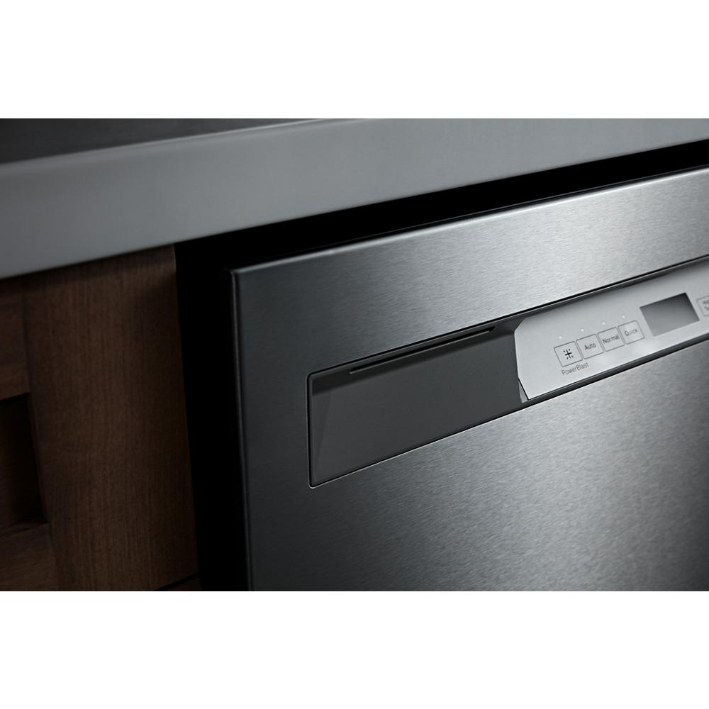 Close-up of stainless steel front control dishwasher panel with PowerBlast cycle button in kitchen appliances collection