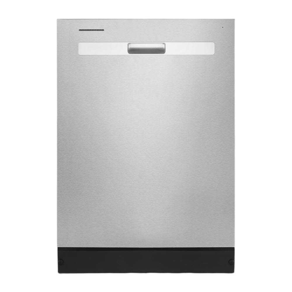Front view of stainless steel dishwasher with handle and minimalistic control panel in Kitchen & Appliances collections
