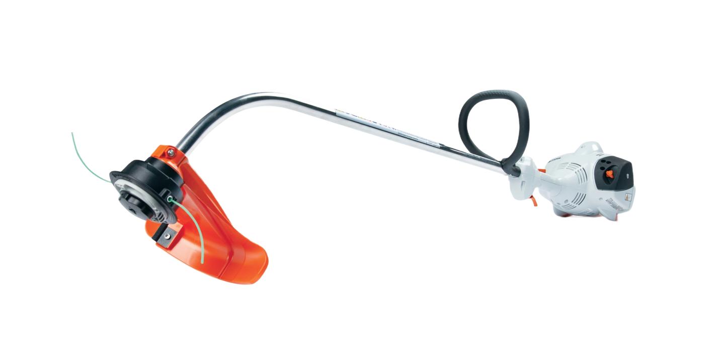 Curved shaft trimmer with Easy2Start system, featuring ergonomic handle and orange protective guard for home improvement tasks