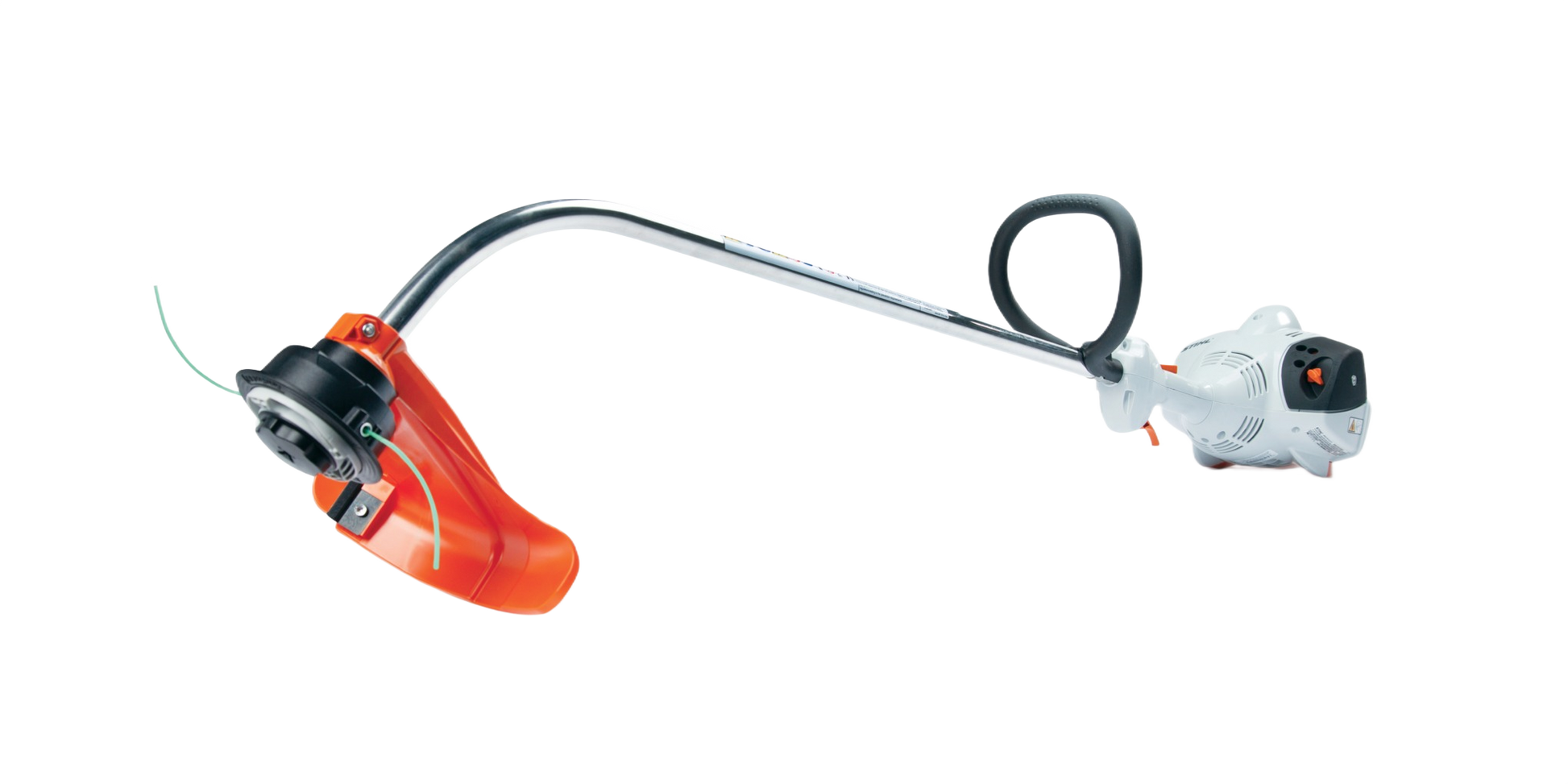 Curved shaft trimmer with Easy2Start system, featuring ergonomic handle and orange protective guard for home improvement tasks