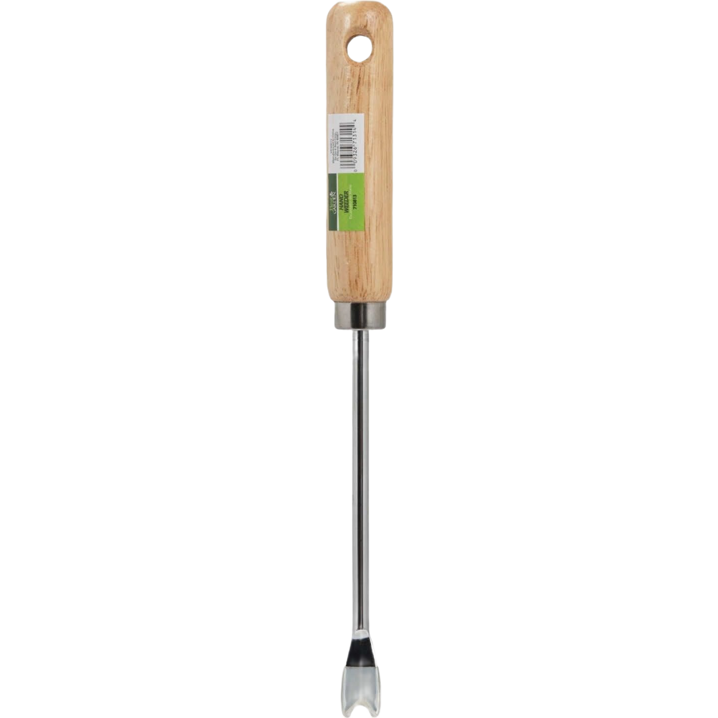 Garden hand weeder with wooden handle and metal pronged tip designed for precise weed removal in home gardens