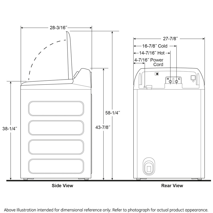 Technical line drawing of a top load washer showing side and rear dimensions for appliance installation reference.