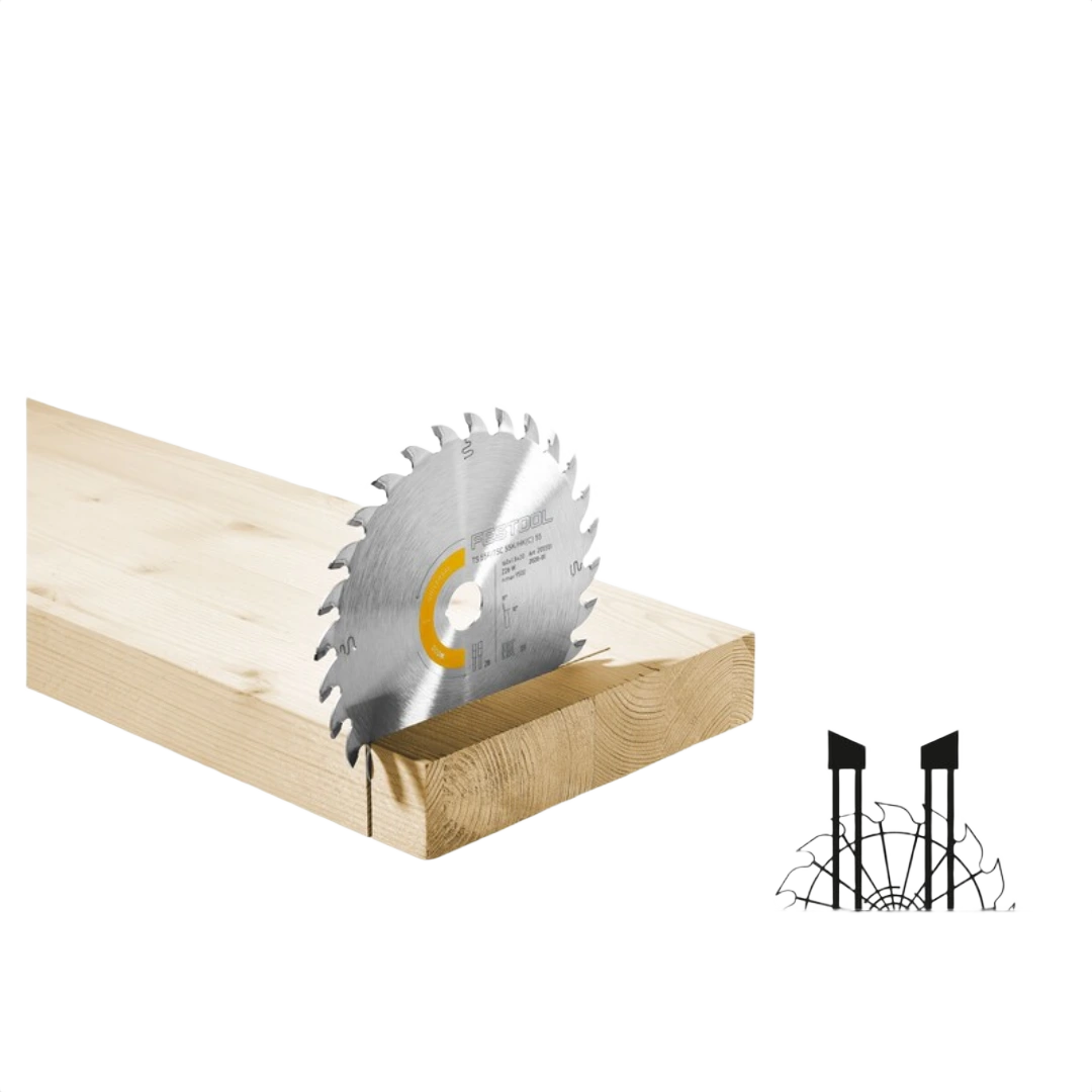 Carbide-tipped circular saw blade with 28 teeth cutting a wooden board for woodworking tool accessories collections