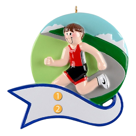 Boy in red tank top running on curved road with blank banner for Christmas Ornaments & Tree Decorations under $50 collection