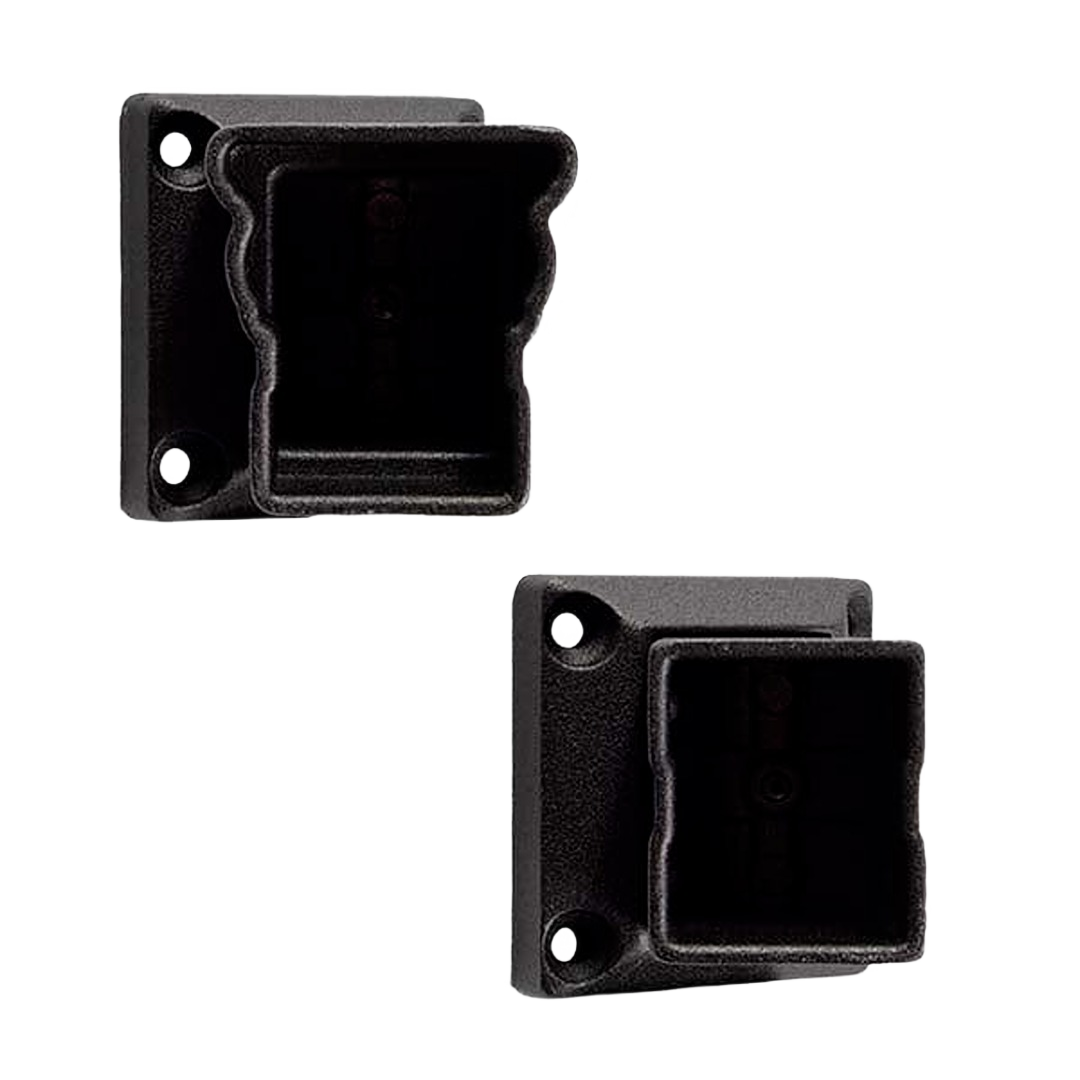 Two black horizontal swivel brackets with square-shaped mounts for tools and home improvement applications