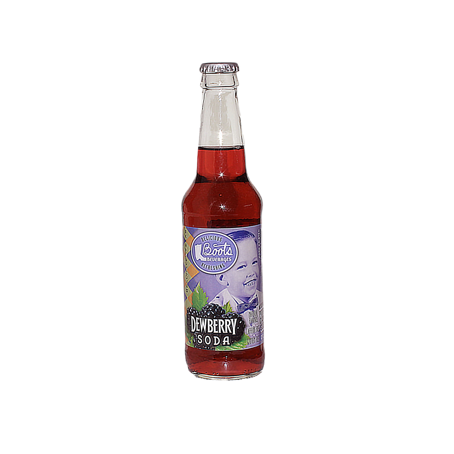 Clear glass bottle with red berry soda and vintage-style label featuring a smiling child and green leaves