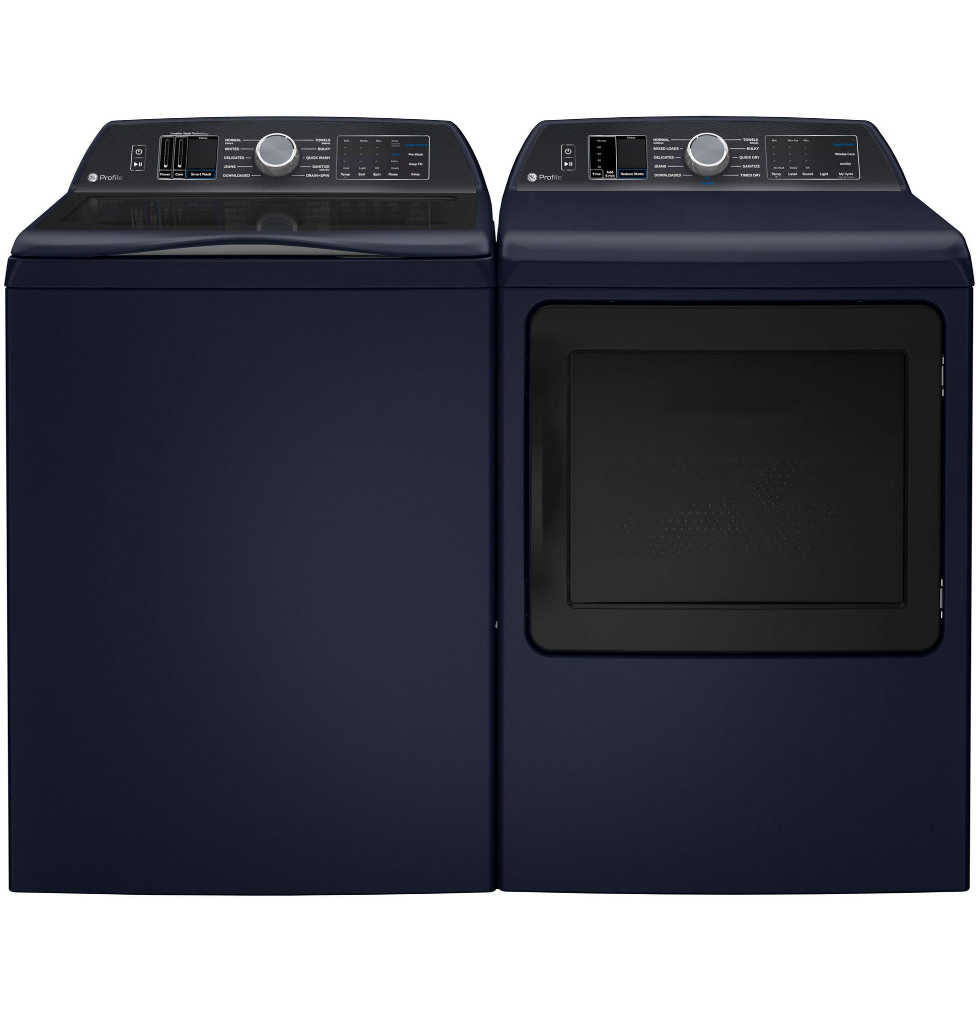 Front view of navy blue matching washer and smart gas dryer with digital controls in Washers & Dryers collection