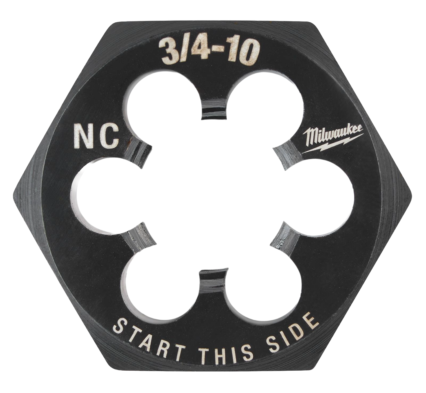 Black hex threading die with 3/4"-10 NC size and laser-etched markings for tool accessories and power tool collections under $50