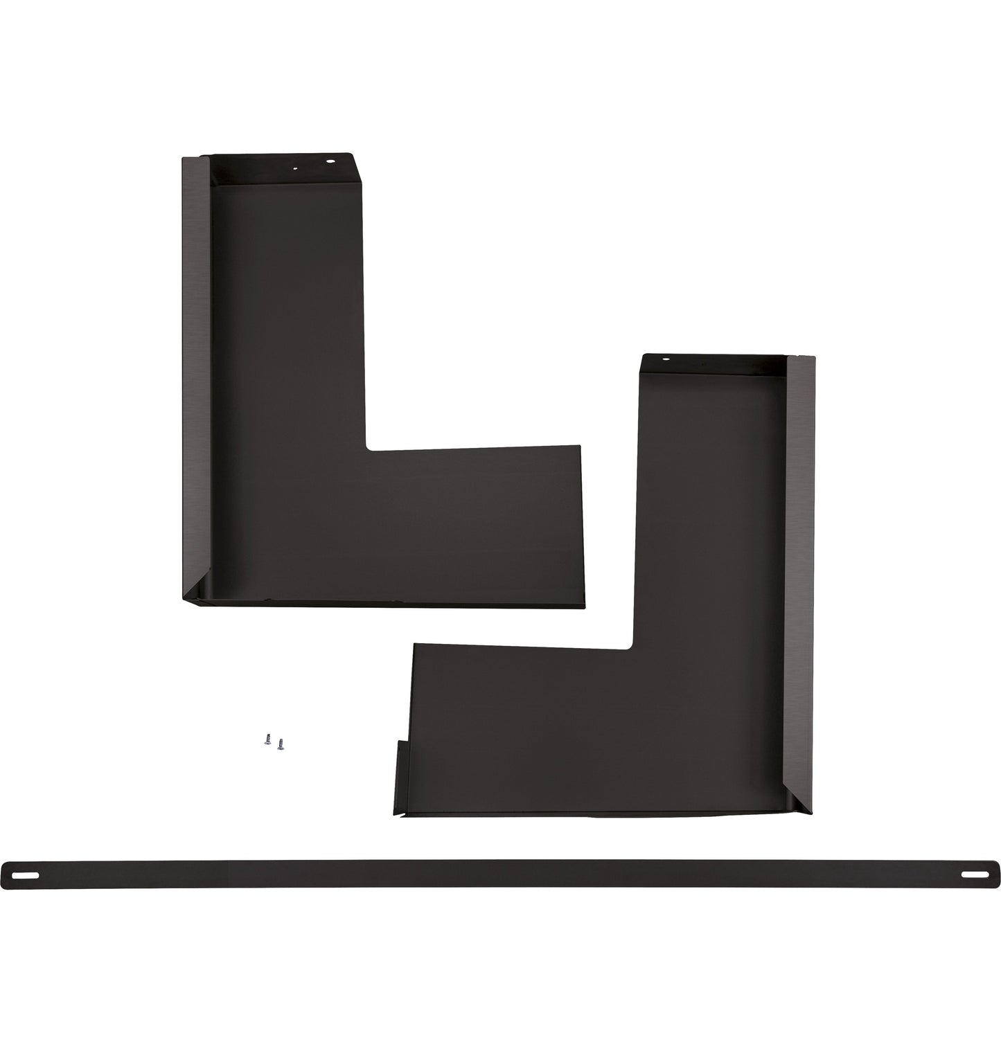 Black metal L-shaped filler pieces and a long bar with screws for microwave installation from Kitchen & Kitchenware.