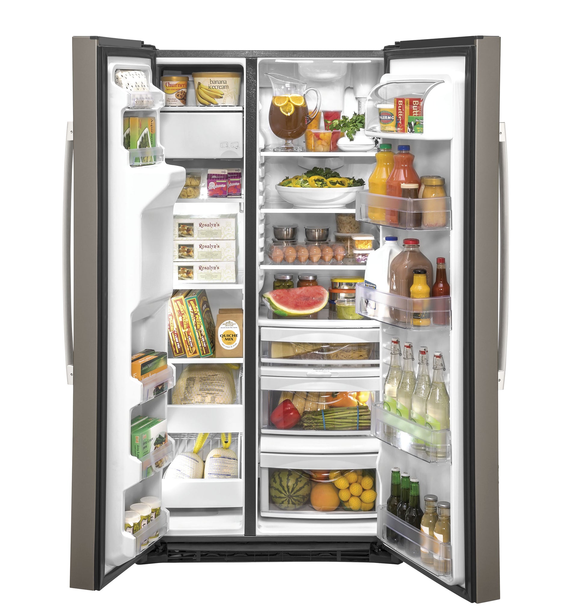 Open side-by-side refrigerator with organized shelves and clear door bins holding beverages and fresh foods in appliances collection