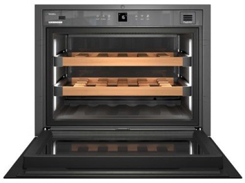 Black built-in wine cabinet with wooden racks, digital controls, and interior lighting in kitchen appliance collection