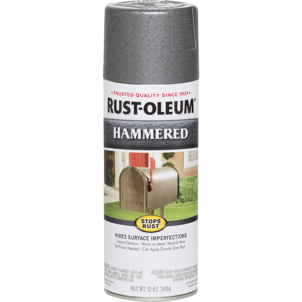 Gray hammered metallic finish spray paint can with rust-preventative protection for home improvement projects