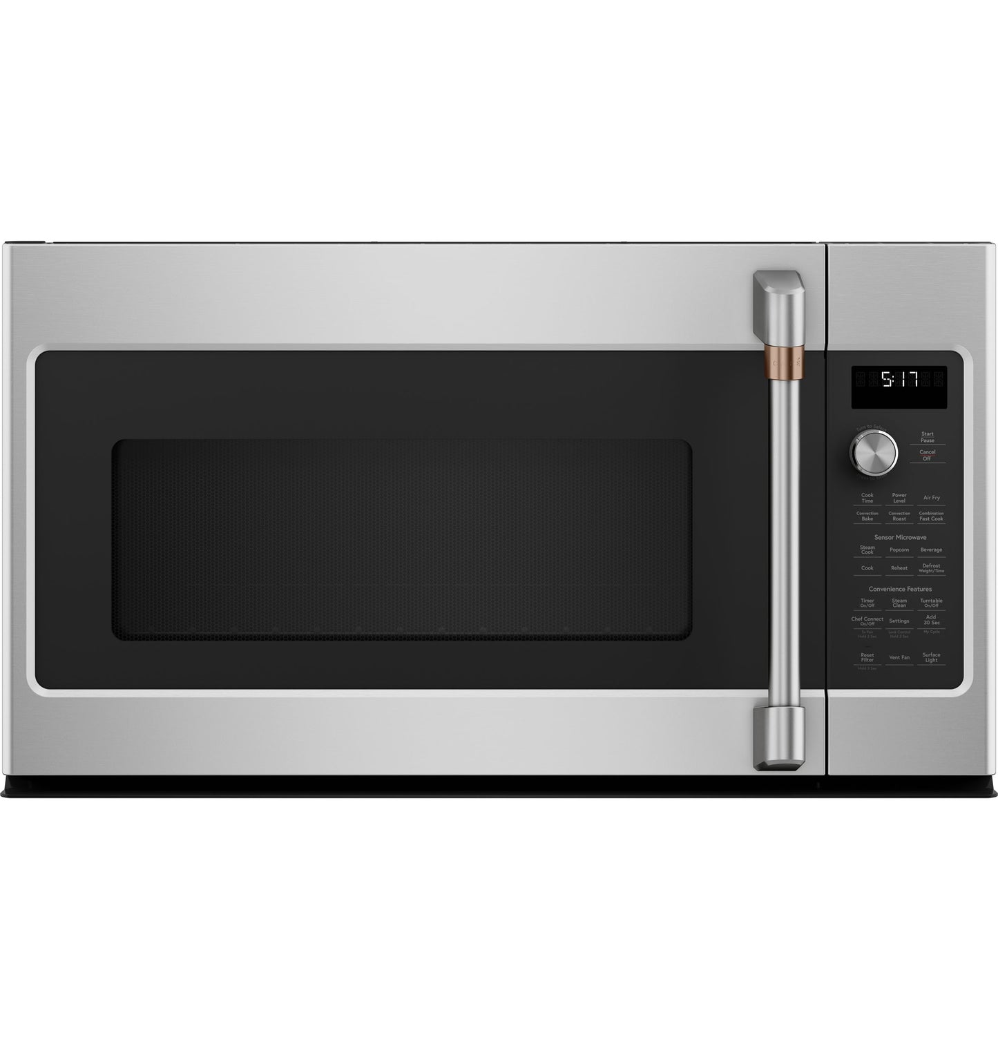 Stainless steel convection over-the-range microwave with digital display, control dial, and large window in appliances collection