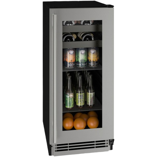 Sleek beverage center with stainless steel frame and glass door showing bottles and fruits inside in kitchen appliance setting