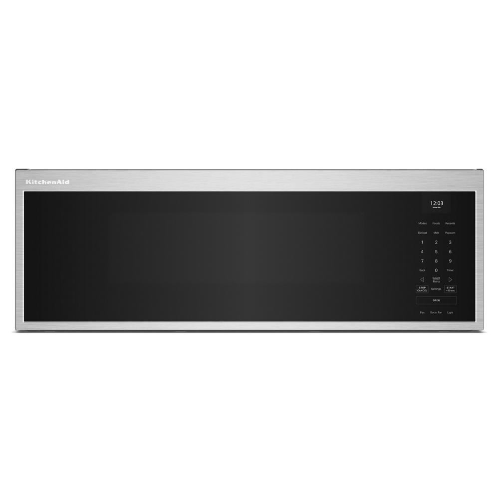 Sleek stainless steel low profile microwave with digital control panel in KitchenAid microwaves and appliances collection