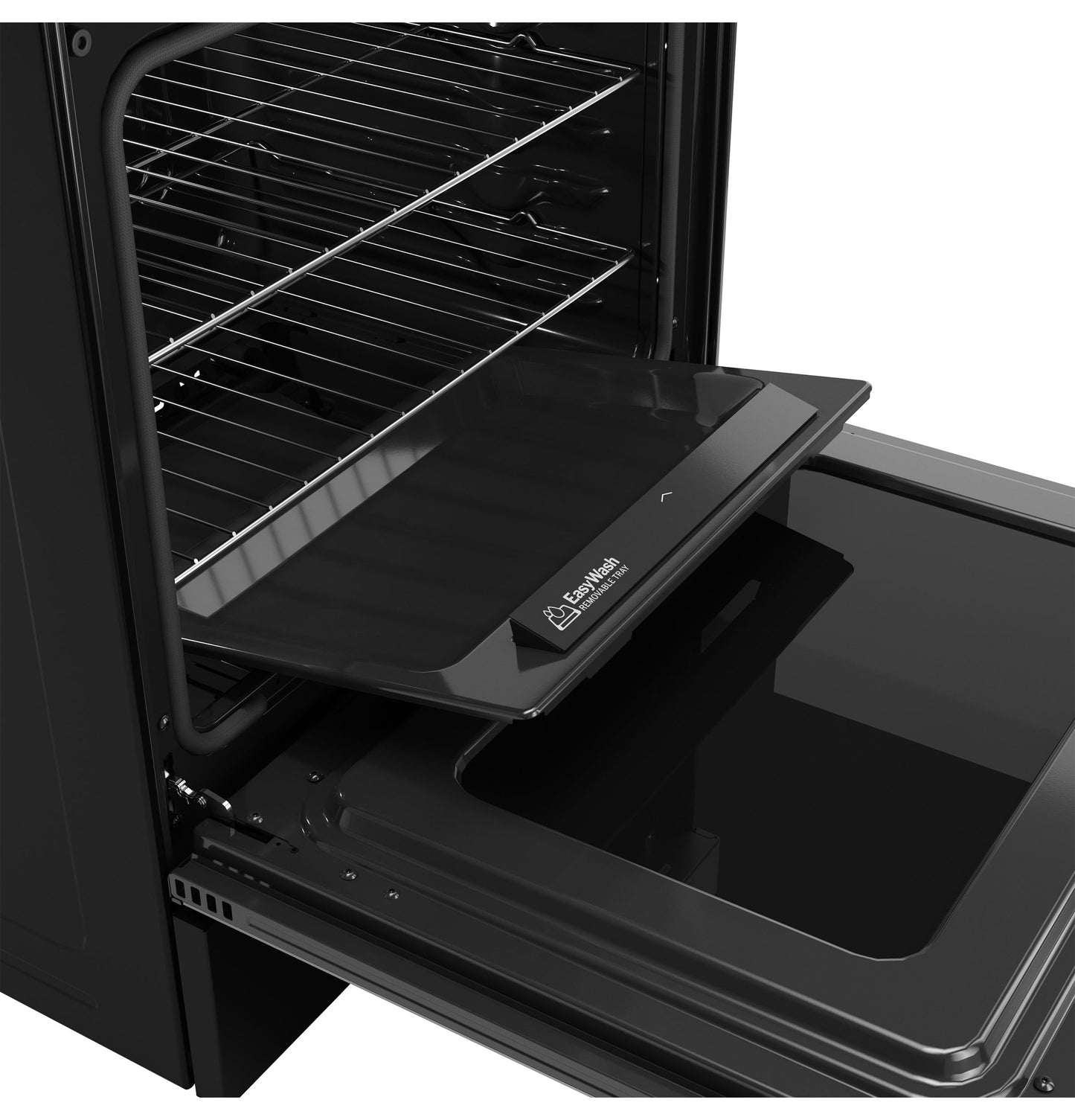Open oven door showing EasyWash™ oven tray inside the black gas convection range from Ranges & Cooktops collection