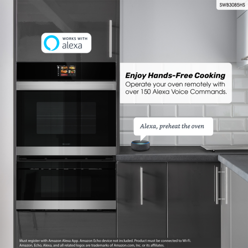 Built-in smart combination wall oven and microwave drawer with Alexa voice control in modern kitchen setting