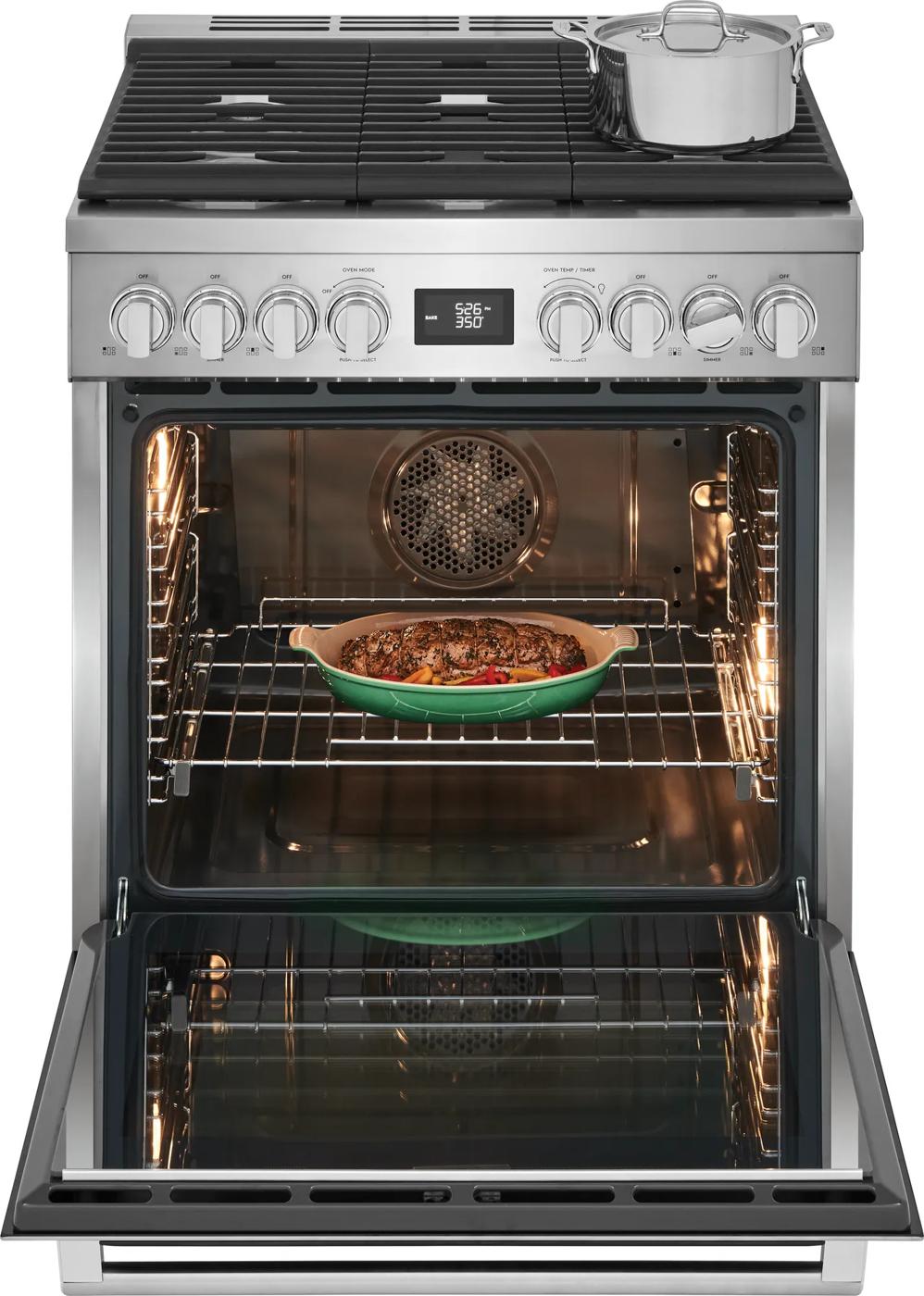 Stainless steel 30-inch dual-fuel range with gas burners and electric oven cooking a dish in kitchen appliances collection