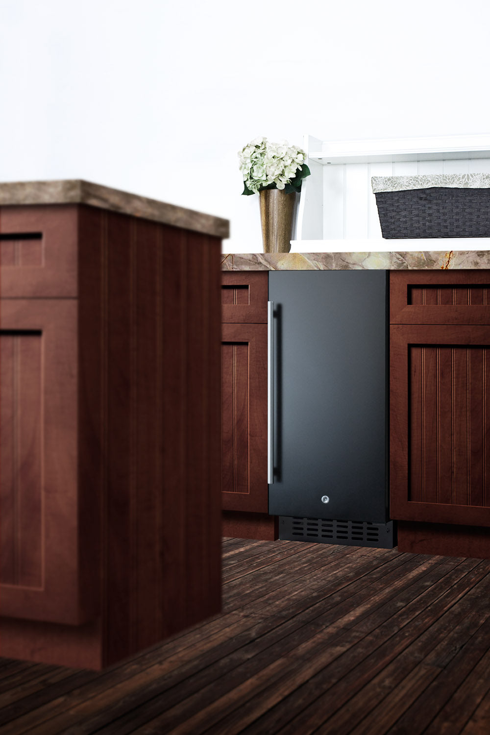 Matte black built-in all-refrigerator with vertical handle under countertop in kitchen appliances and refrigerators collection